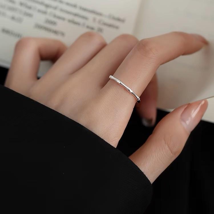 Sterling Silver Bamboo Joint Women's Pinky & Index Finger Ring - Simple Luxury, Niche Design, Adjustable Plain Band.