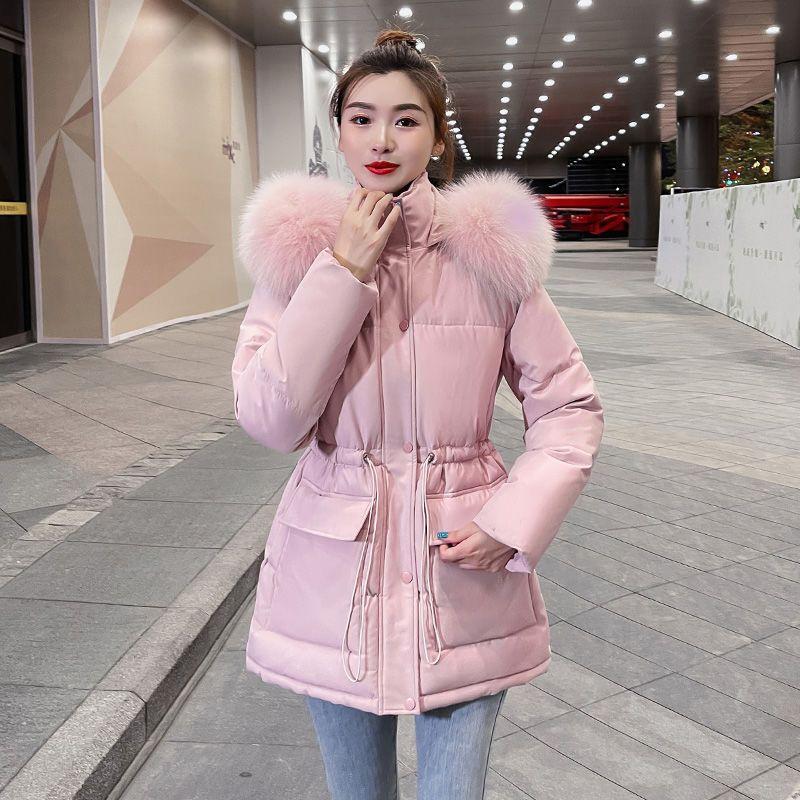 Damen wattierte Jacke Kunstpelzkragen Kapuze Parkas Koreanische Große Größe Baumwolle Jaqueta Taillenzug Midi Länge Jacken