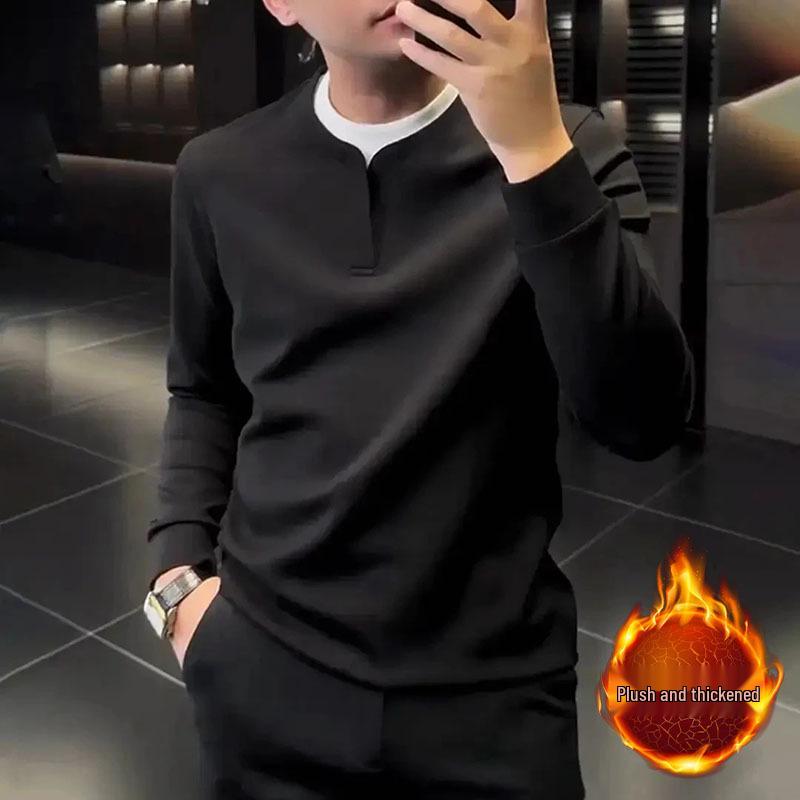 

Men s Winter Plus Velvet Double Collar Patchwork Hoodie Shirt 3XL