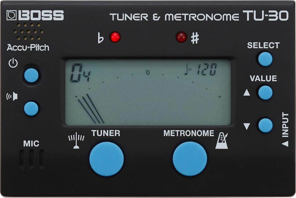 BOSS Chromatic Tuner Metronome with for AAA Battery and Reference Tone Function TU-30 & Built-in Microphone/Input Guitar/Bass/Acoustic Instruments,