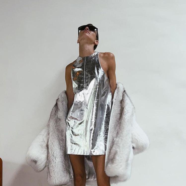 Women's Shiny PU Sleeveless A Line Mini Dress Sexy Club Nightwear Straight Tank Dress