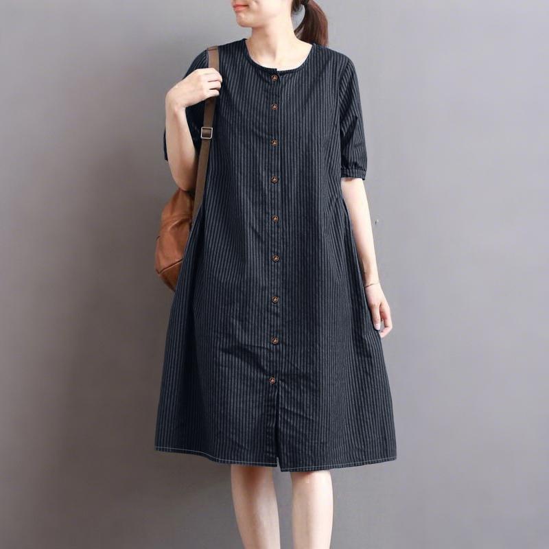 ZANZEA Women Casual Round Neck Short Sleeve Loose Stripe Dress