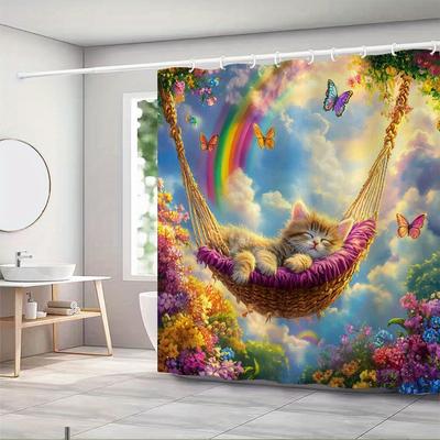 Adorable Cat In Hammock Waterproof Mildew-Resistant Shower Curtain - Rainbow Butterfly Design for a Magical Bathroom Décor