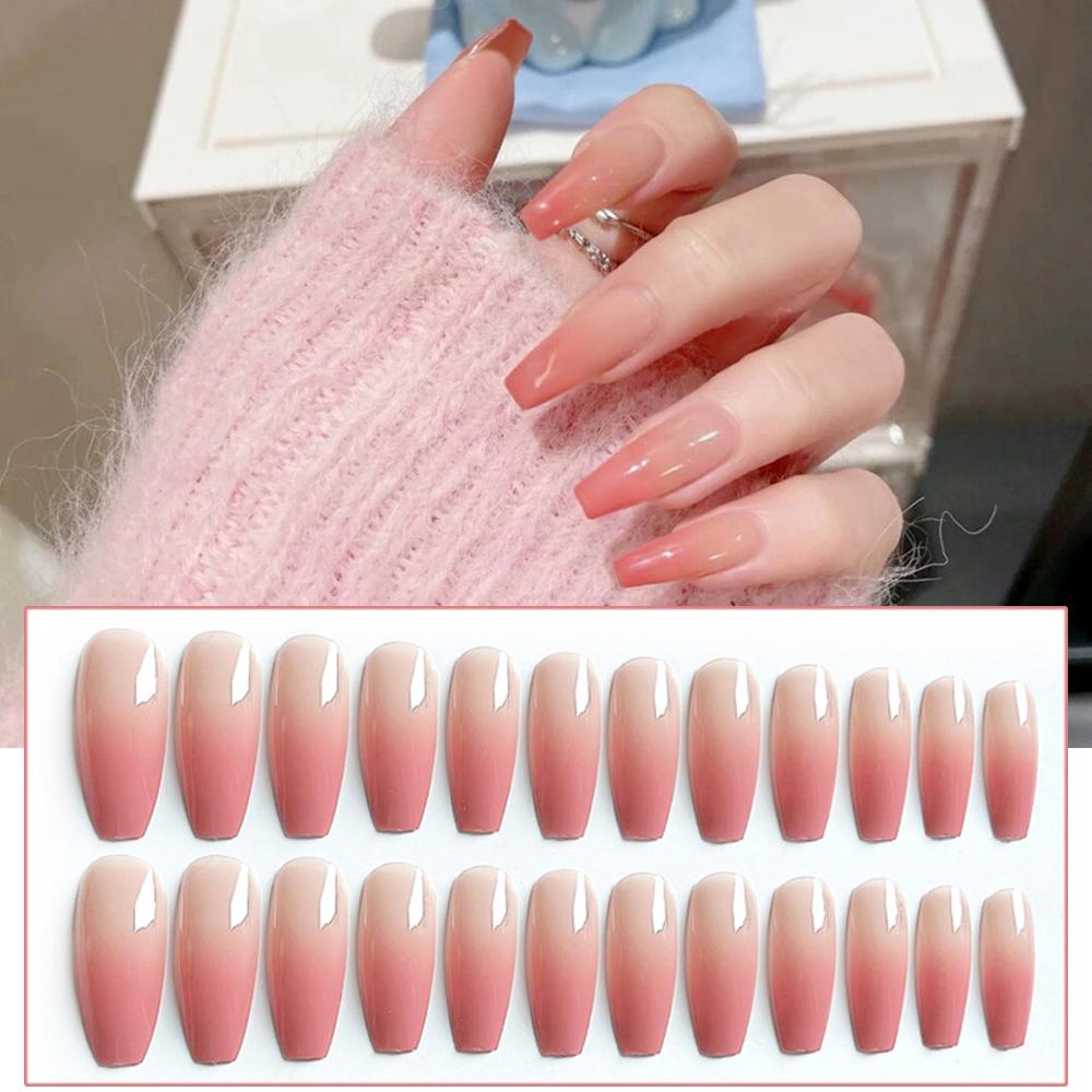 24PCS Long Press on Nail Red Gradient Design Sweet Style Full Coverage Nails