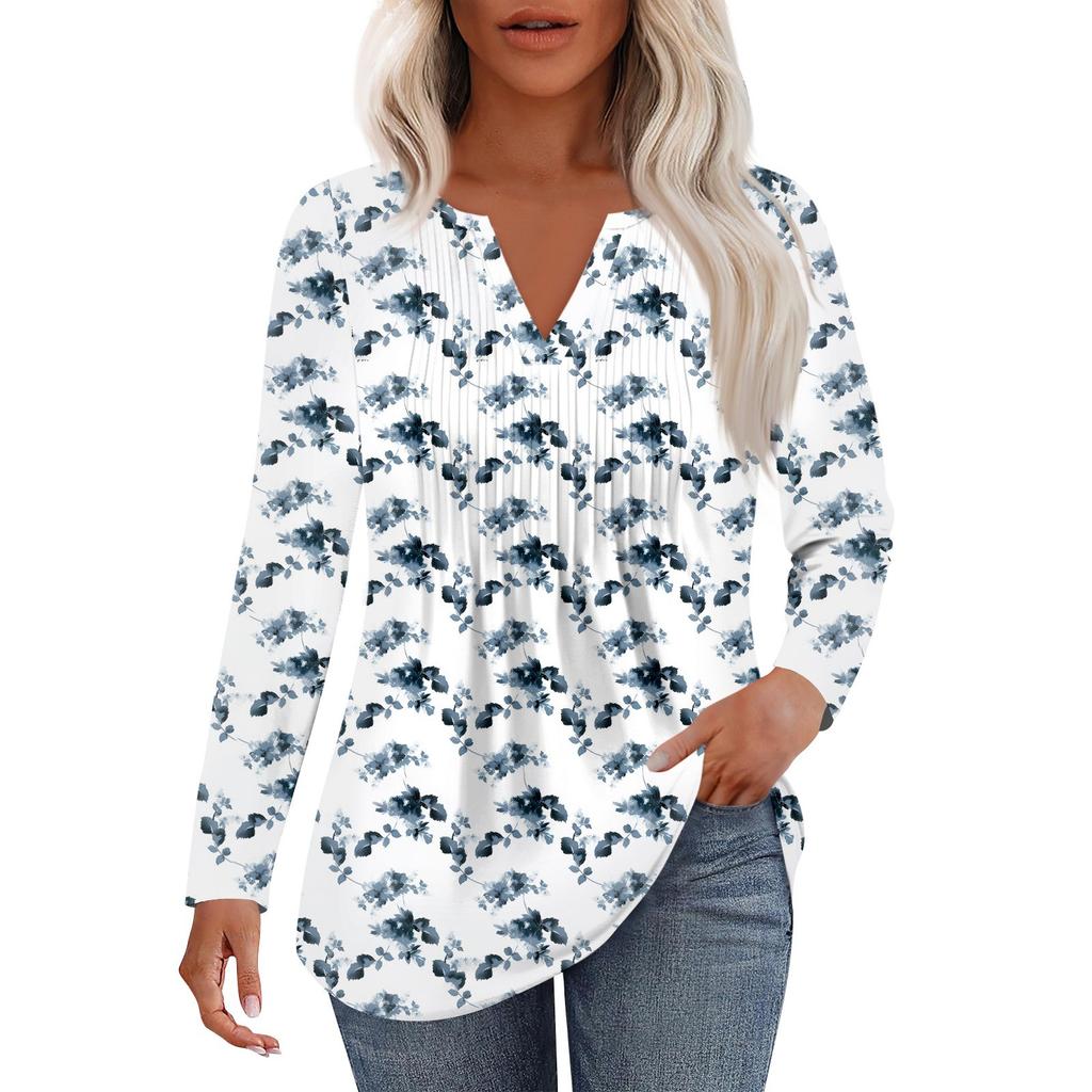Dámská móda Ležérní Plisované Tričko s V výstřihem a Dlouhým Rukávem Elegantní Top