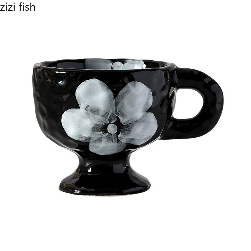 Retro Creative Ceramic Mug Hand Drawn Irregular High Legged Coffee Mug Milk Tea Cup Beverage Cup Household Tea Cup Water Cups