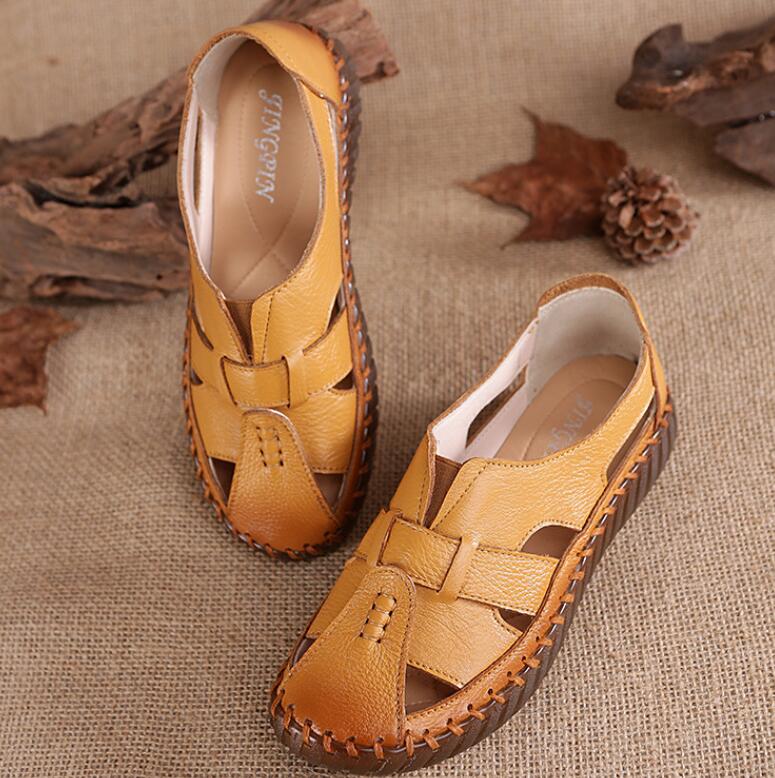 Damenschuhe aus echtem Leder für den Sommer, bequem, weiche Sohlen, rutschfeste, flache Böden, Sandalen für mittlere und ältere Menschen für Frauen und Mütter