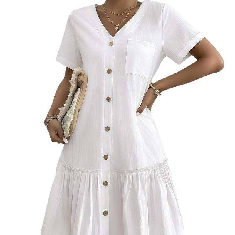 Women's V Neck Button Front Ruffle Hem Midi Dress Short Sleeve Casual Dress