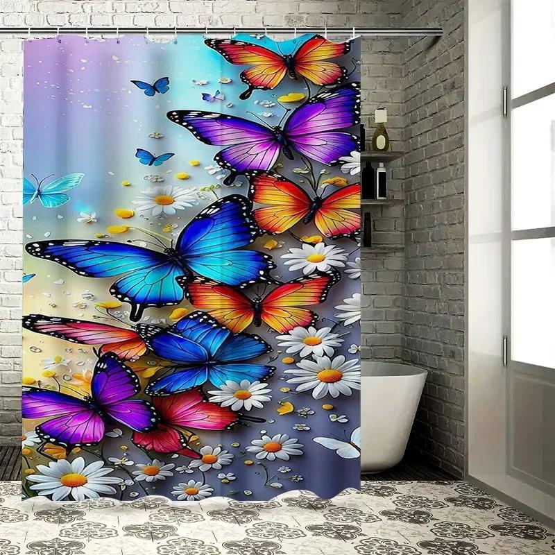 Colorful Butterflies and Daisies Waterproof Shower Curtain Heat Resistant Machine Washable Non-Transparent 180x180cm