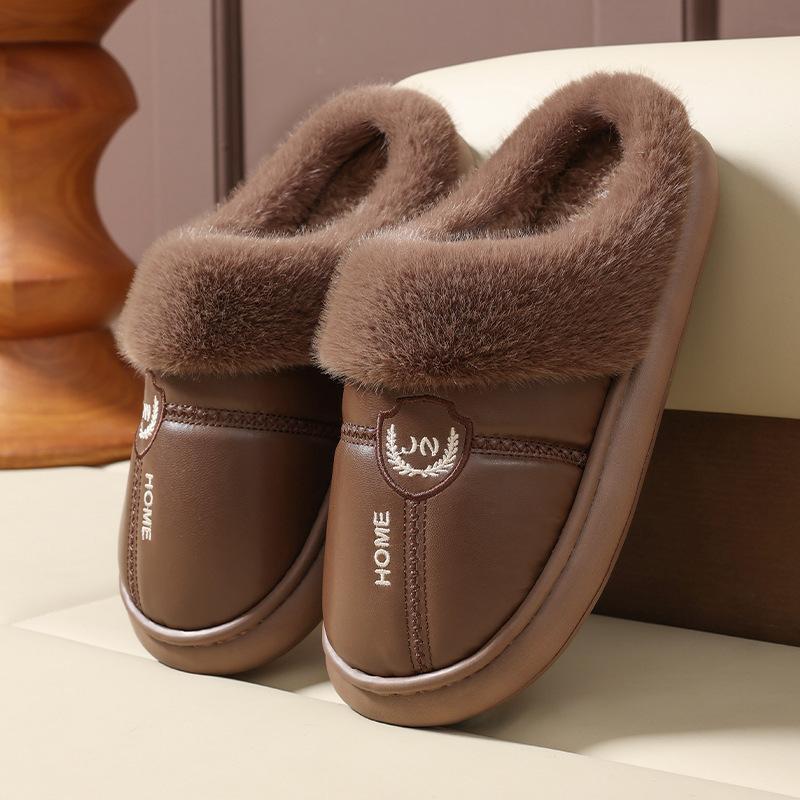 Large size men's cotton slippers winter leather waterproof home piled thickened warm middle-aged and elderly non-slip outer cotton shoes