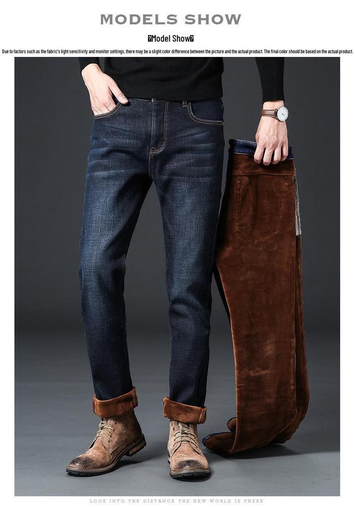 Men's 2024 Winter Straight White Jeans with Plus Velvet for Warmth