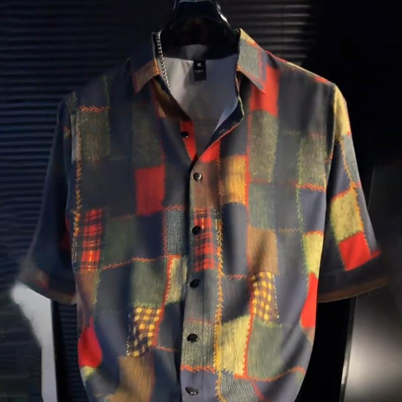 Men Short Sleeve Button Down Shirt Patchwork Plaid Print Casual Vintage Style Top