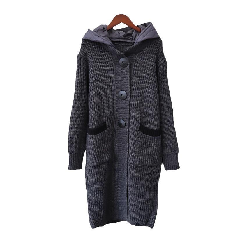 Thickened hooded splicing cotton clothes hat knitted cardigan autumn and winter new long knee loose sweater jacket women