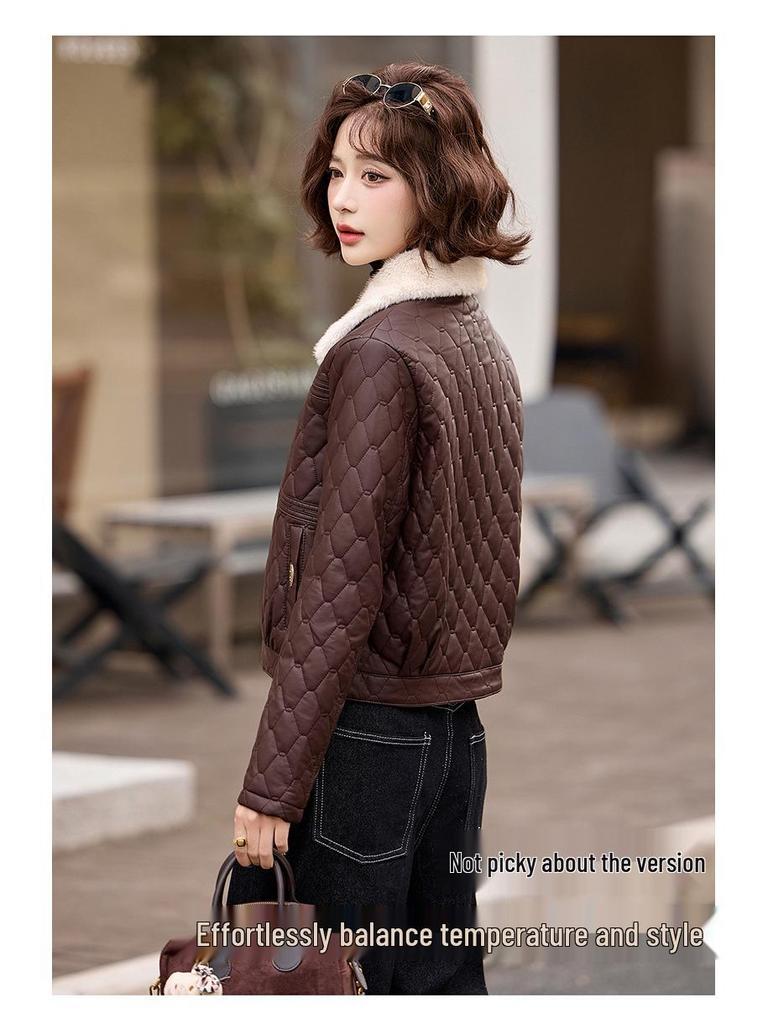 Women's Fleece Lined PU Leather Motorcycle Jacket with Fur Collar, Autumn/Winter Style ZH1158