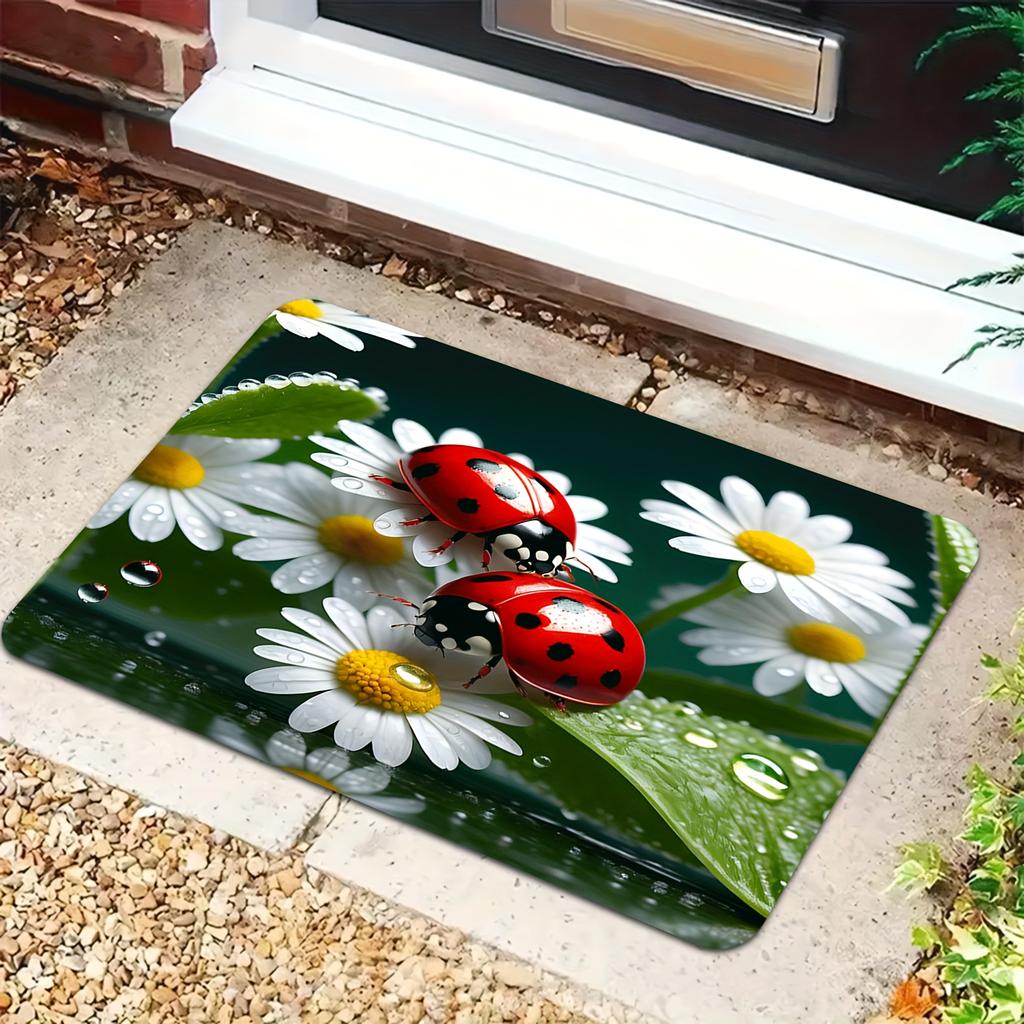 Daisy Ladybug Print Area Rug, Soft Non-Slip Machine Washable Floor Mat for Laundry Room Kitchen Home Decor Spring Decor