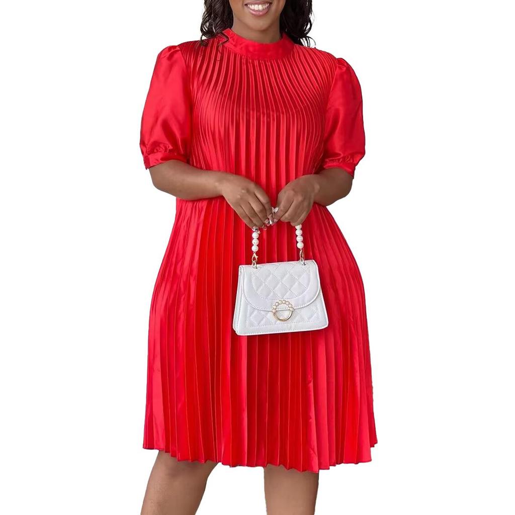 Summer 2023 Plus Size Women's Fashion: Loose Casual Tie-Up Pleated Dress in European and American Styles