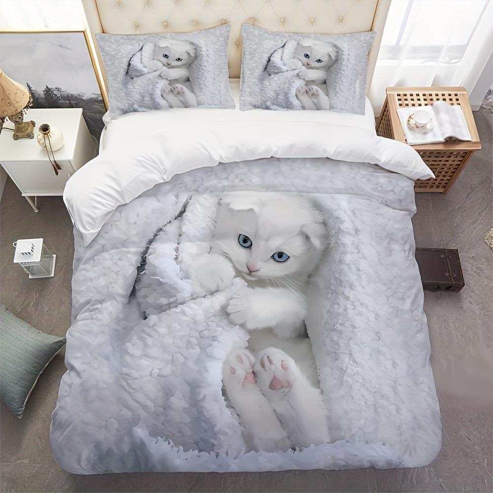 

3pcs White Bedding Set Lovely Little Cat 3D Printed Warm Duvet Cover Set King Queen Twin Single Size Birthday Gift Bedroom Decor EU Single 135x200cm