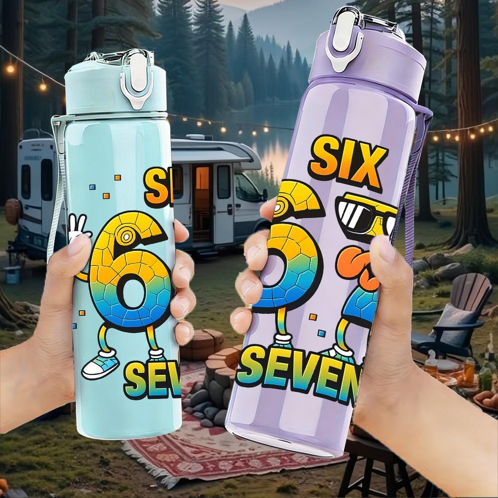 1PC Colorful Six Seven Number Print 750ml Color Plastic Sports Water Bottle Leakproof Flip Straw Lid Suitable for Sports Office Home Use