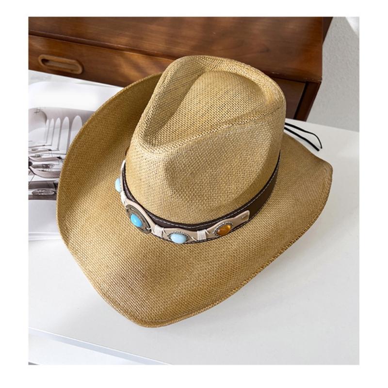 Handwoven Straw Hat for Female Cowgirl Hat with PU Belt Fashion Panamas Hat Music Festival Cowgirl Hat for Seasides Travel