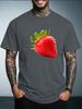 Unisex Black Crew Neck Tee Realistic Red Strawberry Fruit Print Short Sleeve Loose Casual Male Street Daily Summer Fashion Tops