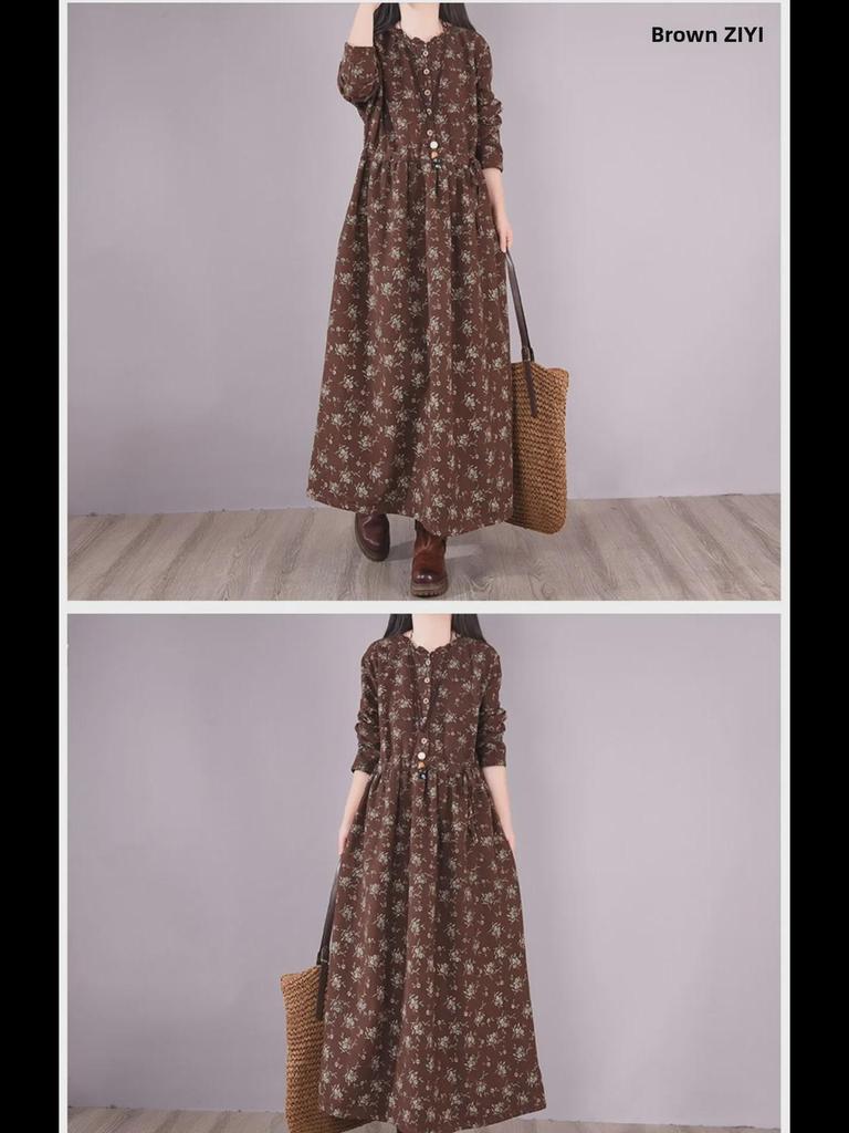 Women's Retro Floral Velvet-Lined Cotton Linen Dress - Round Neck, Long Sleeves, Loose Fit for Autumn/Winter 2023.