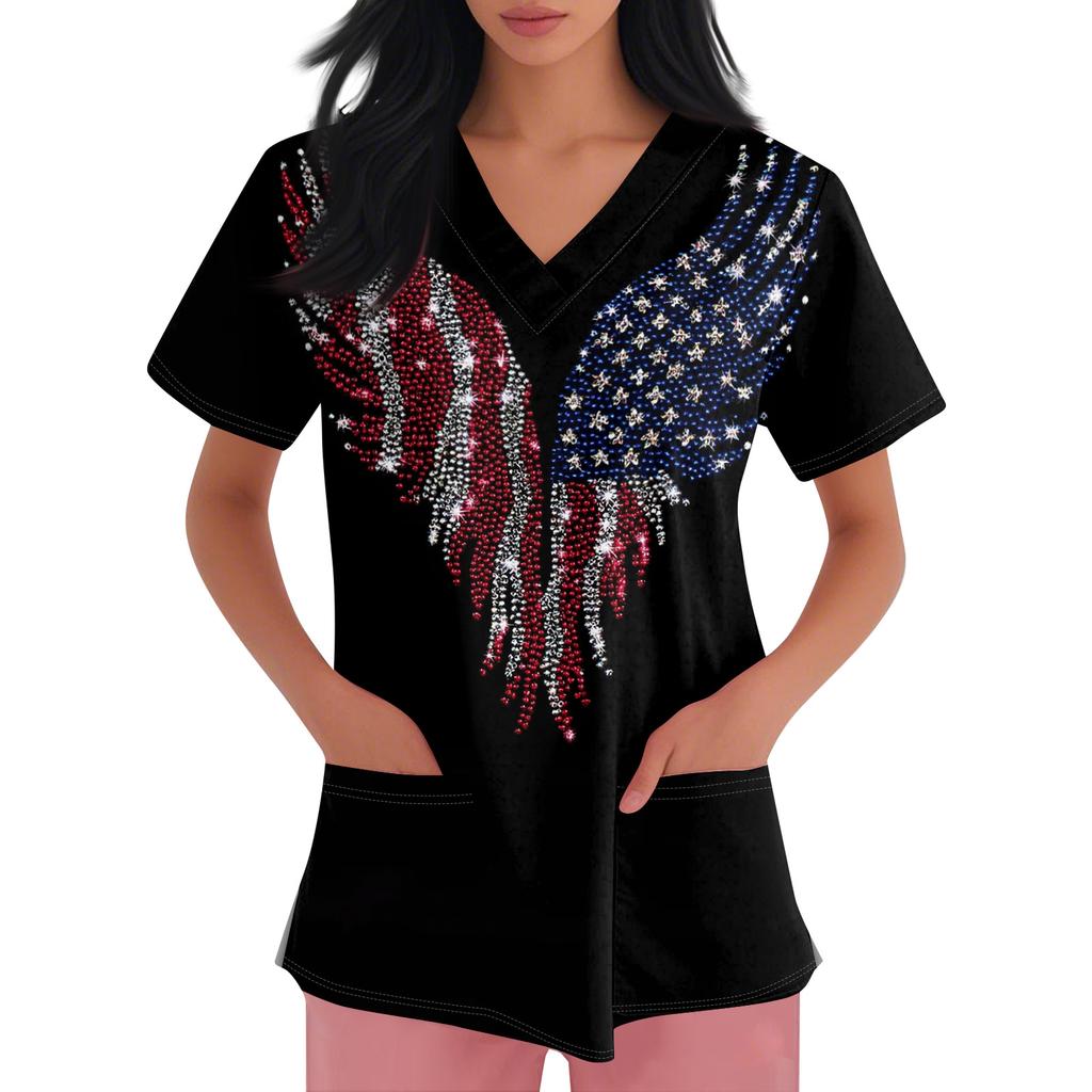Women's V-neck Independence Day Print Short-sleeved Pocket Side-opening Protective Work Shirt