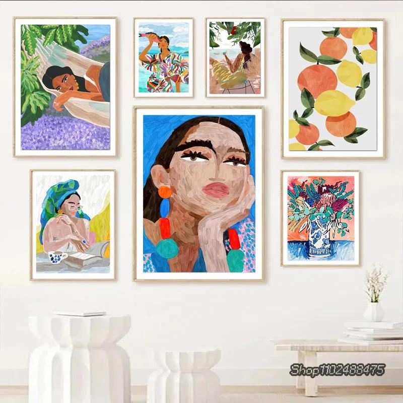

Vintage Oil Painting Girl Portrait Tropical Flower Parrot Wall Art Canvas Posters And Prints Wall Pictures For Living Room Decor 8X12inch 20x30cm