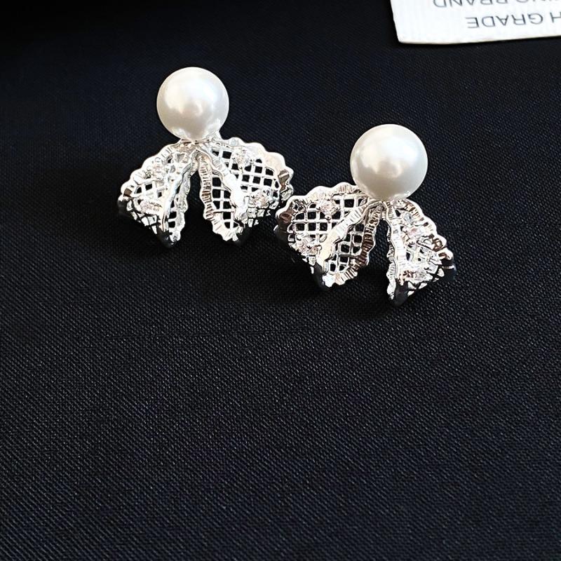 K real gold electroplated lace bow zircon pearl stud earrings women French design earrings temperament earrings women