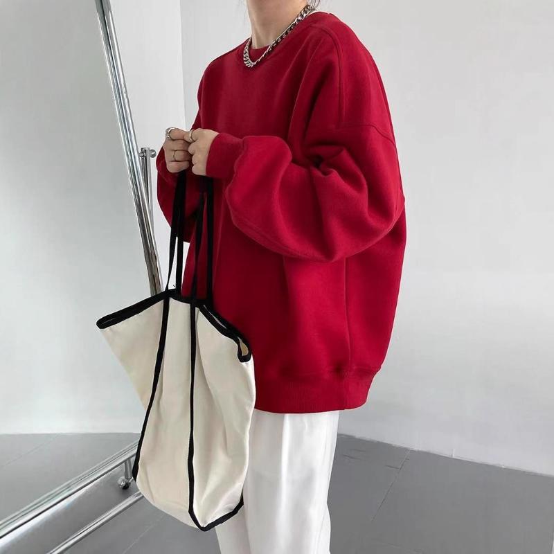 Spring Autumn New Style Loose Crew Neck Pullover Hoodie Women Oversize Unhooded Solid Color Fashion Versatile Base Shirt Top