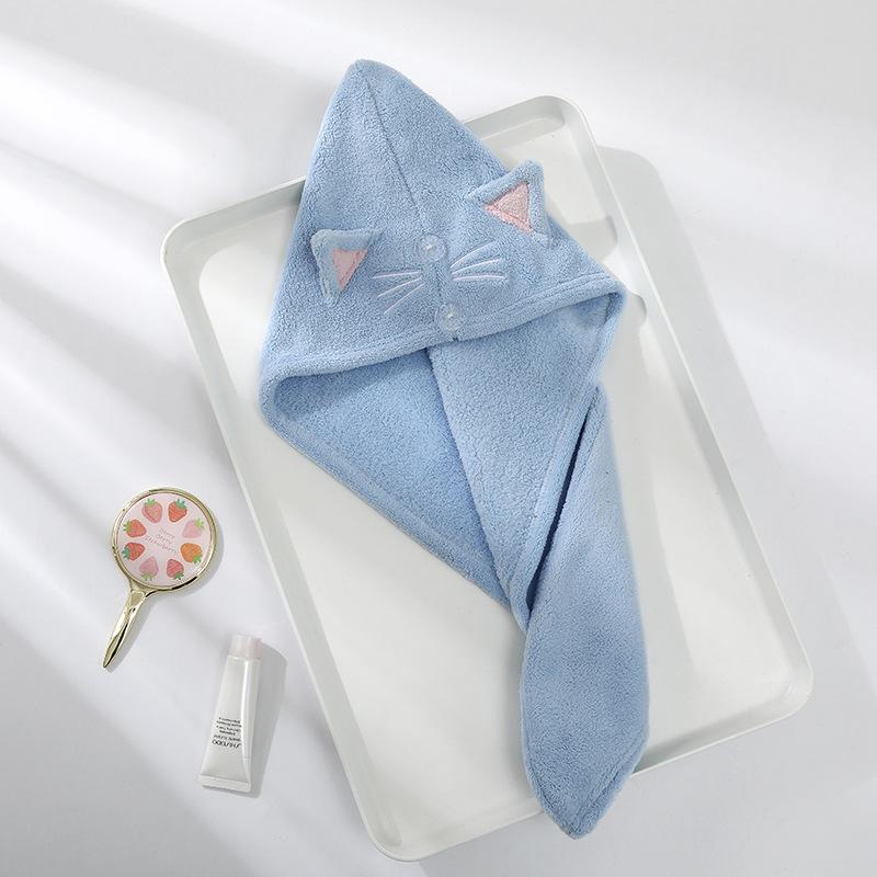Cute Cartoon Embroidery Coral Fleece Water Absorbent Hair Cap for Women
