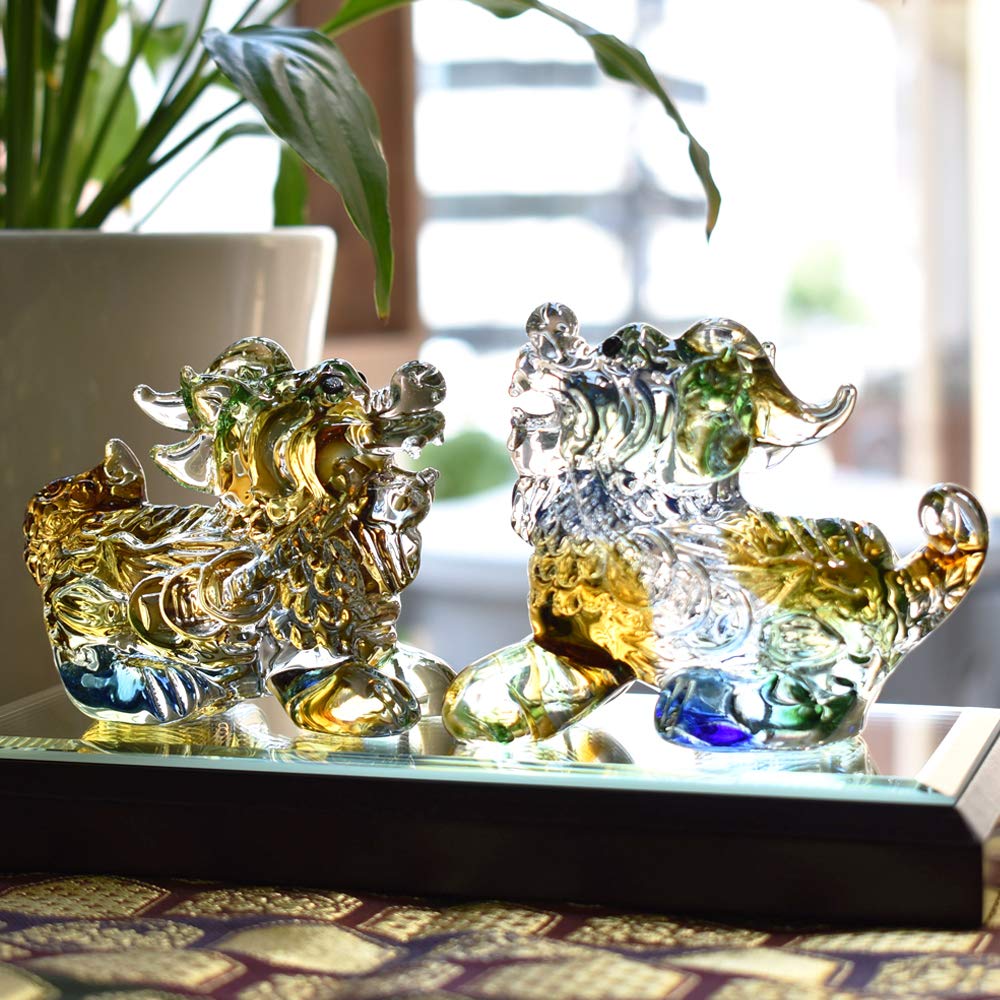 Cute Handmade Glass Crafts: Auspicious Pixiu (Hikyu) Small Colorful Pair