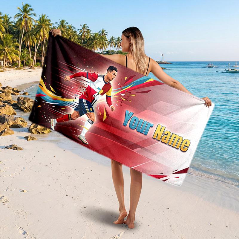Cristiano Ronaldo Custom Beach Towel, Personalized Name Text Print, Football Logo Soft Quick‑Dry Towel Holiday Gift