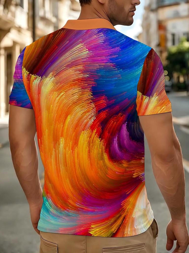 [Printed Design – Not Textured] Orange Collar Rainbow Particle Swirl Fluid Art Abstract All-Over Print Men's Polo Shirt