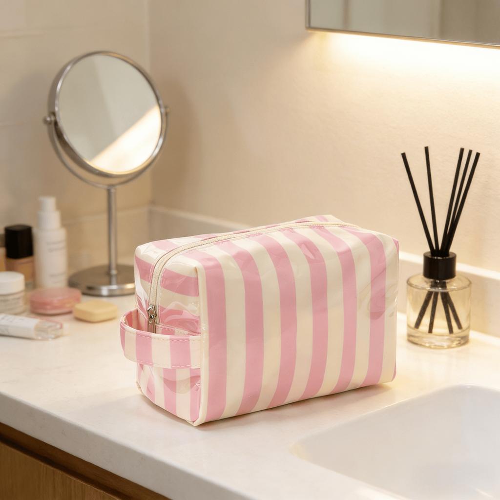 Striped Toiletry Bag Women's Travel Cosmetic Storage Bag Portable Casual Makeup Organizer for Business Trip