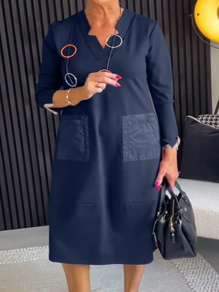 2024 Autumn Women's V-Neck Casual Long-Sleeve Pocket Dress in Solid Color