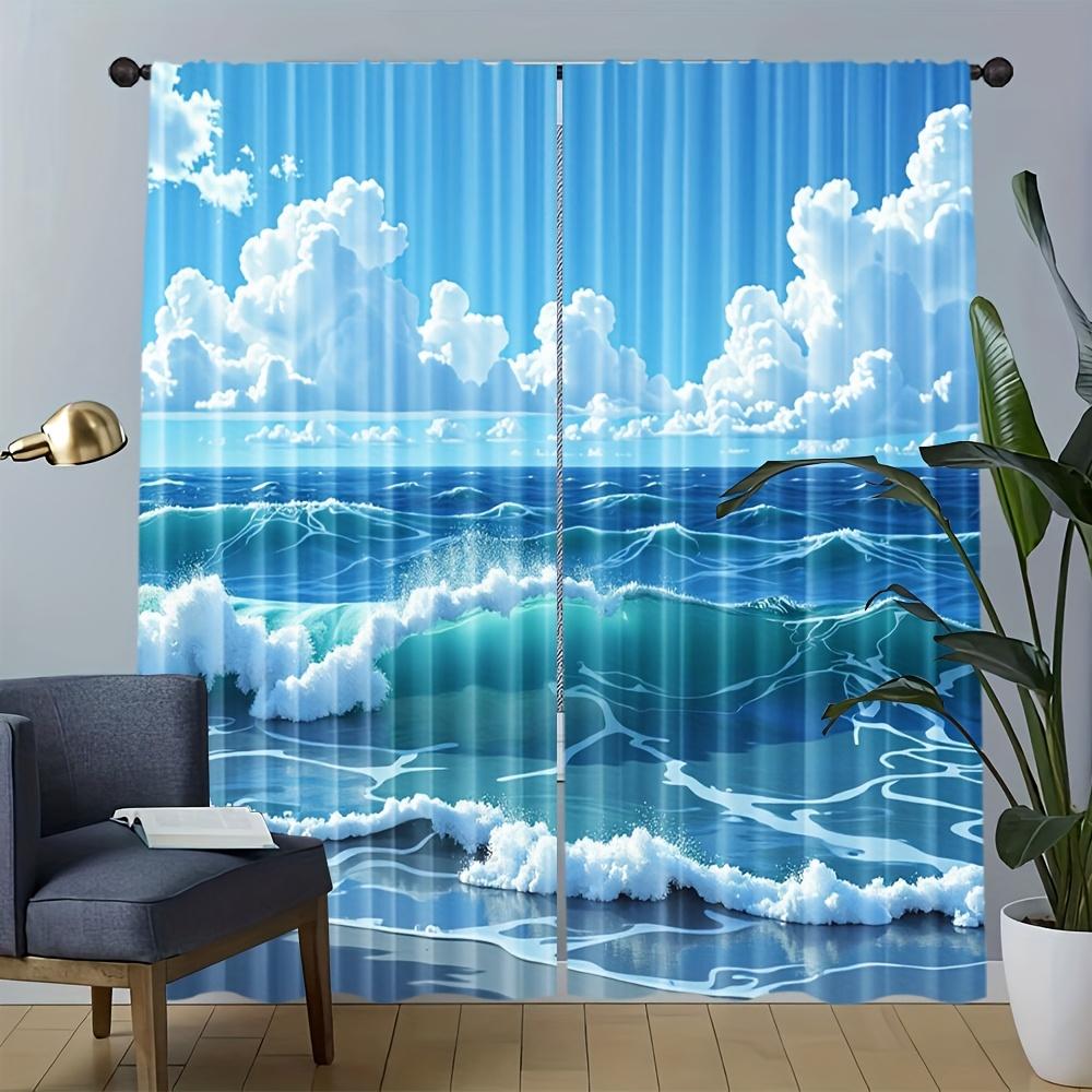 Seascape Curtains 2pcs – Ocean Waves Under Cloudy Sky, Serene Coastal View Window Decor for Home