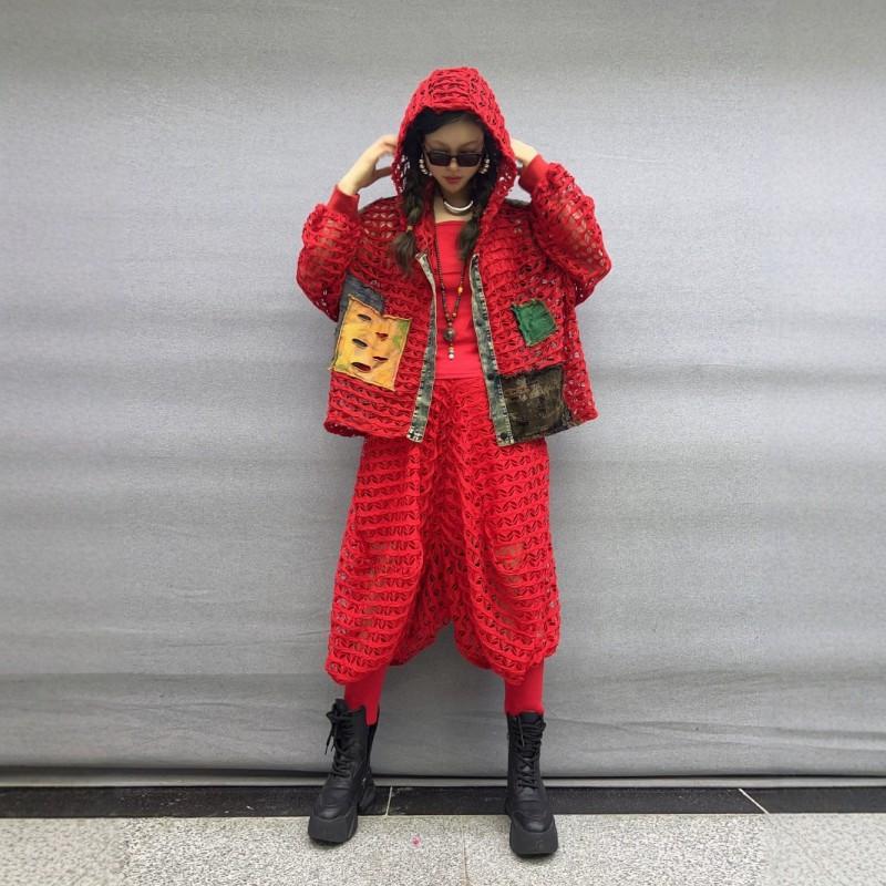Womens Street Style Denim Patchwork Sunscreen Hooded Cardigan Cropped Pants Set