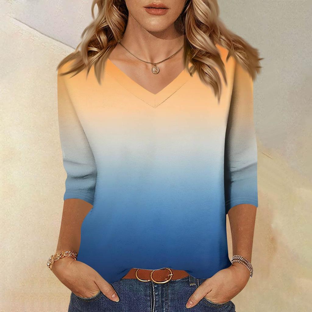 Women's Fashion Casual Three-quarter Sleeve Gradient Printed Round Neck Top