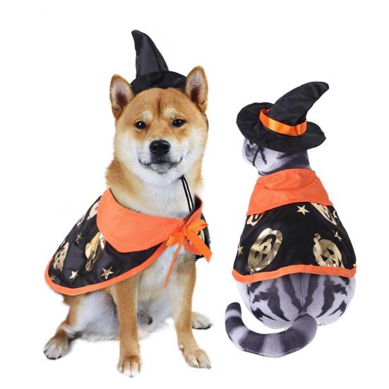 Yangyizhi 1 Set Pet Halloween Costume, Cat Wizard Hat And Cape, Cute Pumpkin Print Apparel for Small Dogs Cats Festive Party Wear