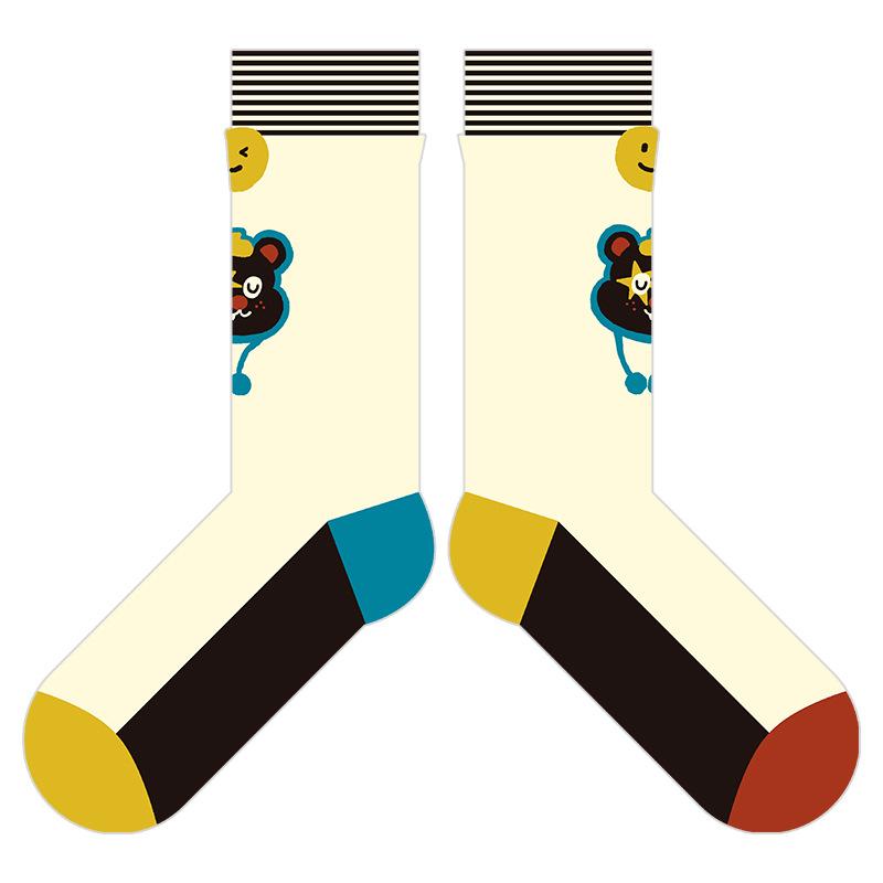 

Autumn Vertical-striped Little Bear Smiling Face Knee-high Socks Cartoon Illustration Cute Socks Breathable Cotton Socks 1 pair