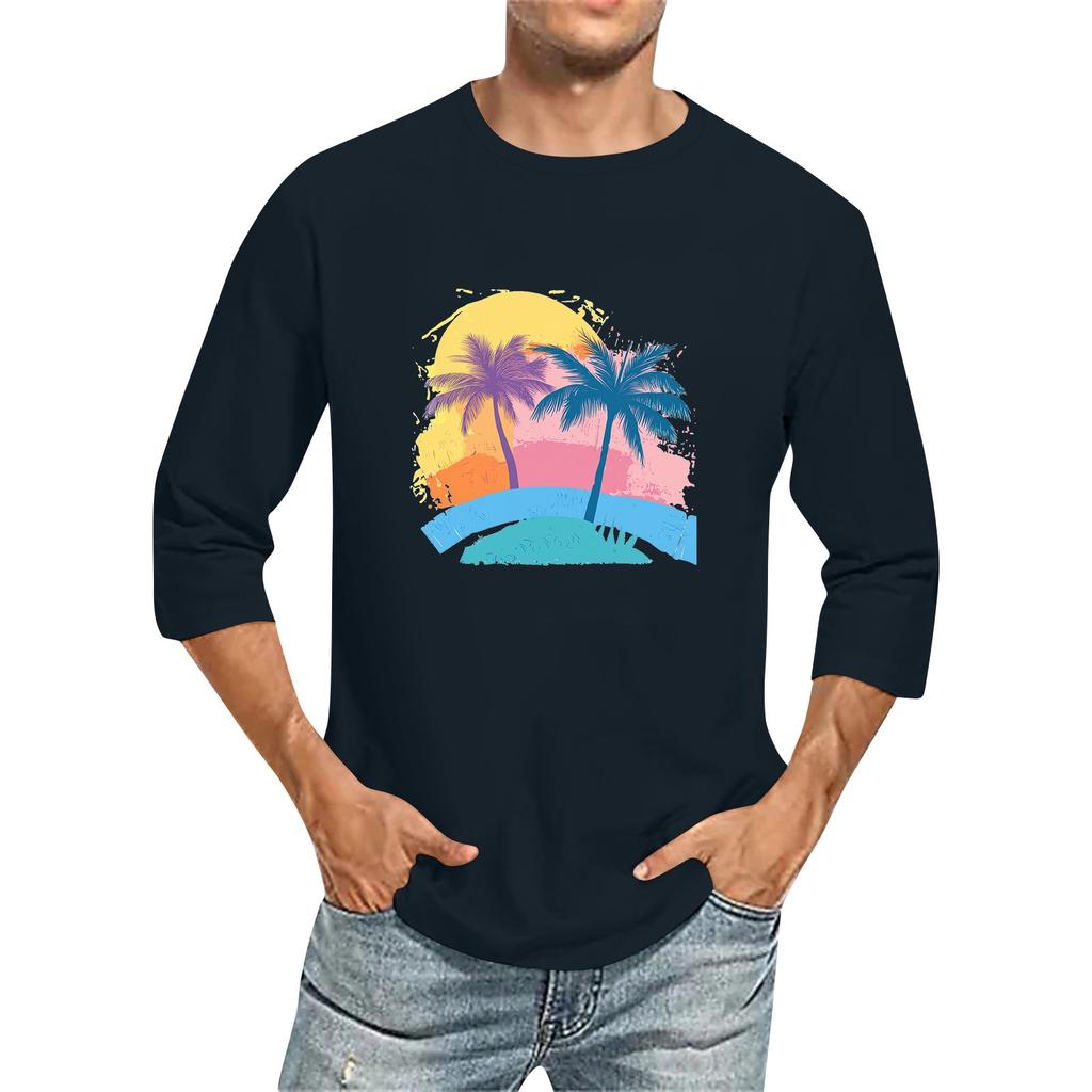 Jednobarevné pánské tričko s kulatým výstřihem a tříčtvrtečním rukávem