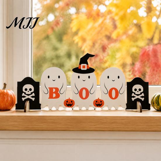 Kids Room Halloween Decorations Cute Ghost Wooden Decor, BOO Pumpkin Witch Tabletop Ornament Table for Desk Shelf, Soft Spooky Home