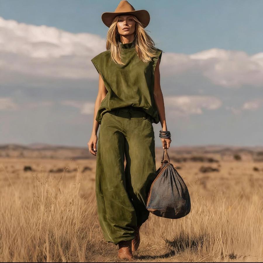 Mode Ny Stil Västerländsk Stil Ärmlös Vida Ben Fållad Fuskpäls Set