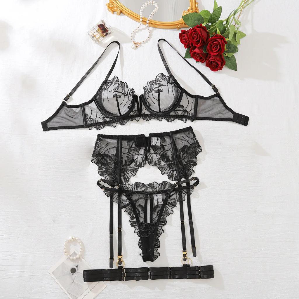 Womens 5 Piece Set Transparent Floral Lace Bra Thong Garter Set with Gloves Sexy Lingerie Sets Sensual Underwear Erotic Costumes