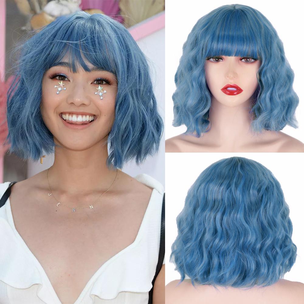 MERISIHAIR Brązowe krótkie peruki Bob Wave z grzywką Blond dla kobiet Naturalne odporne na ciepło syntetyczne peruki Codzienne noszenie Cosplay Kręcone włosy