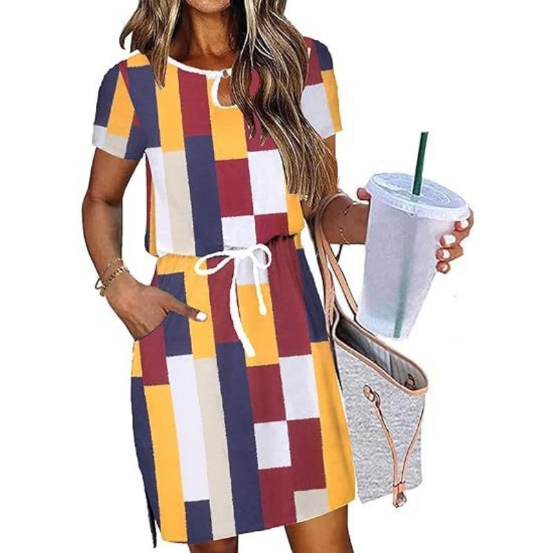 

YYFS женские модные летние весенние повседневные платья с коротким рукавом и круглым вырезом со средней талией XL