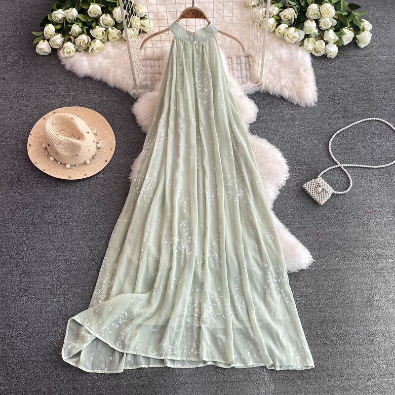 

Light National Style Large Skirt Seaside Beach Dress Loose Chiffon Mint Green Dali Photography Beautiful Holiday Dress Mint Green M
