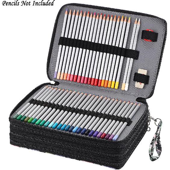BTSKY Colored Pencil Case- 200 Slots Pencil Holder Pen Bag Large Capacity Pencil Organizer with Handle Strap Handy Colored Pencil Box with Printing