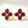 Vintage Clover Garnet Stud Earrings Women Natural Gemstone Jewelry Set