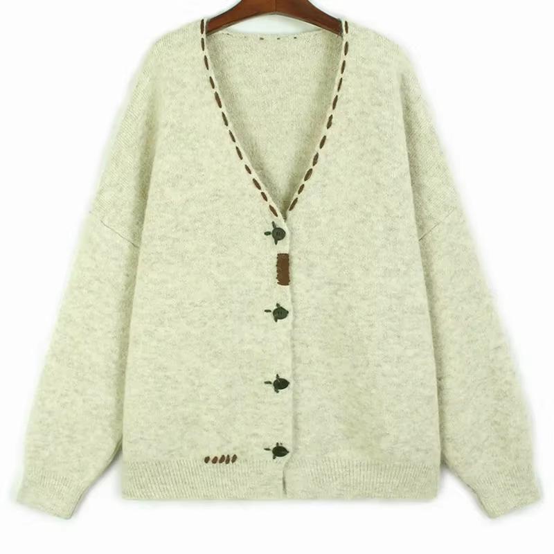 Xitao Повседневный свободный крой однотонный свитер с длинными рукавами и V-образным вырезом GMM1046 One Size бежевый